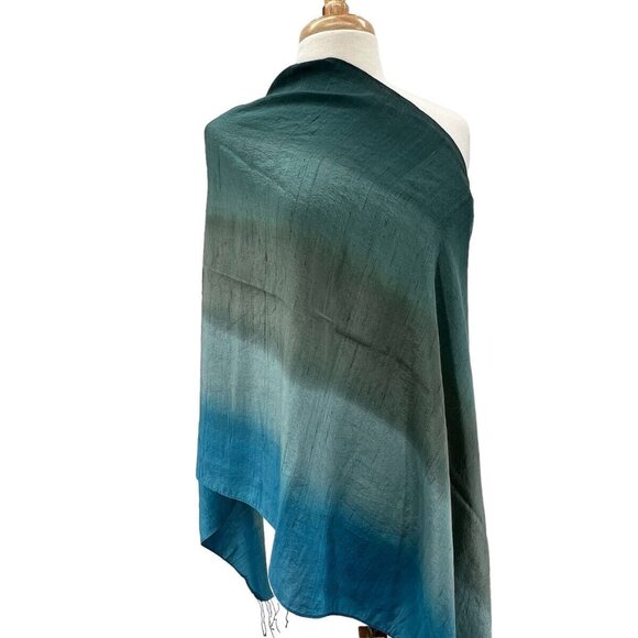 Womens Silk Scarf Ombre Soft Blue to Greens Wrap  88” Long Fringed - Picture 1 of 10